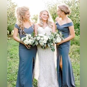 New Dessy Collection Off The Shoulder Criss Cross Back Trumpet Gown Silver Stone